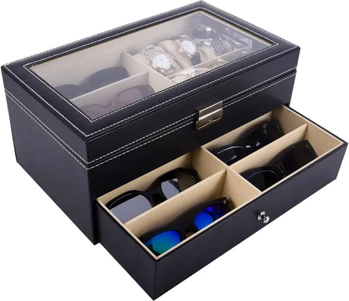 Miniatura 4 de Autoark Caja de joyería de cuero para 6 relojes y 9 piezas de almacenamiento para lentes y lentes de sol organizador de caja con bloqueo negro AW-048