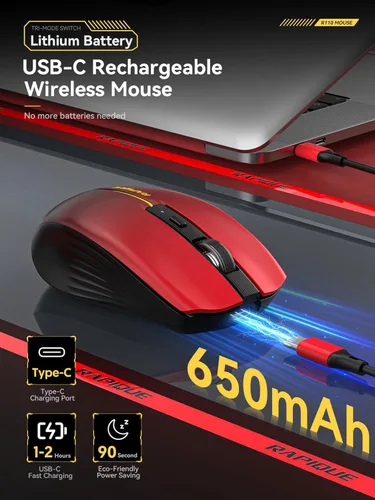 Miniatura 5 de RAPIQUE Ratón Inalámbrico Bluetooth - (BT1/BT2+USB) Tri-Modo de Alto Rendimiento, Recargable, Compatible con Múltiples Dispositivos con Rojo