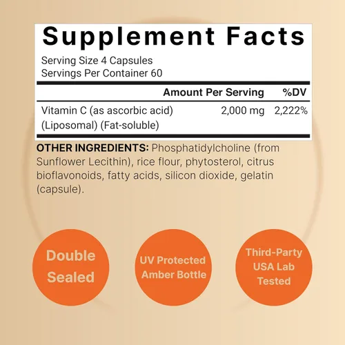 Miniatura 9 de NatureBell Vitamina C liposomal 2,000 mg por porción, 240 cápsulas Vitaminas solubles en grasa de alta absorción – Suplemento antioxidante