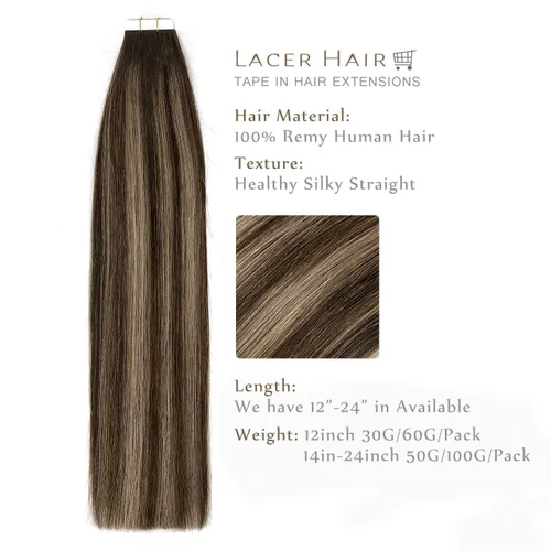 Miniatura 2 de Lacer Extensiones de cabello humano con cinta, cabello humano castaño mezclado con marrón oscuro con raíces de color marrón oscuro, invisible