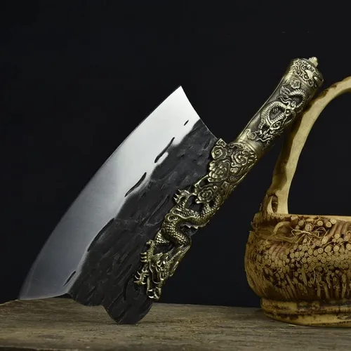 Miniatura 3 de Cuchillo de carne, cuchillo de chef Longquan de China de 8.5 pulgadas, cuchillo de chef vintage con mango de cobre, cuchillo de carnicero