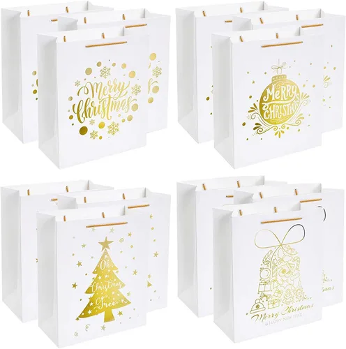 UNIQOOO 12 bolsas de regalo grandes de papel de aluminio dorado blanco y metálico, 4 diseños surtidos de copos de nieve de árbol de Navidad,