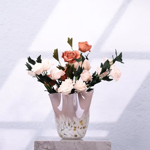 Miniatura 5 de DOVDOV Florero de cristal rosa soplado a mano, decoración de jarrón de boca ancha ondulado, jarrón de vidrio único para centro de mesa de comedor