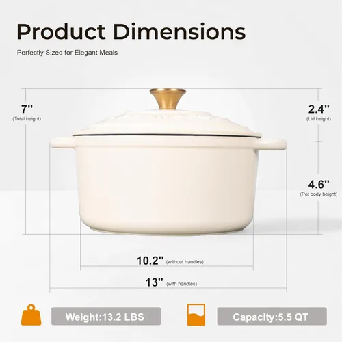 Miniatura 5 de Parmedu Horno holandés de hierro fundido esmaltado de 5.5 cuartos de galón para hornear pan de masa madre, fácil limpieza, versátil para guisar