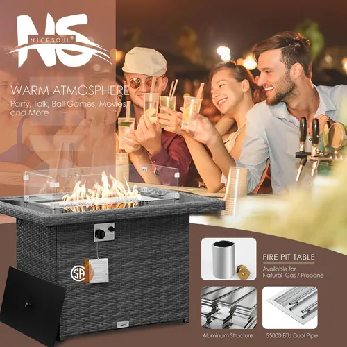 Miniatura 8 de NICESOUL Mesa de Fogata de Propano de Mimbre, 60000 BTU Mesas Grandes de Fogata de Gas Natural, 43'' Chimeneas Rectangulares CSA para Terraza Patio