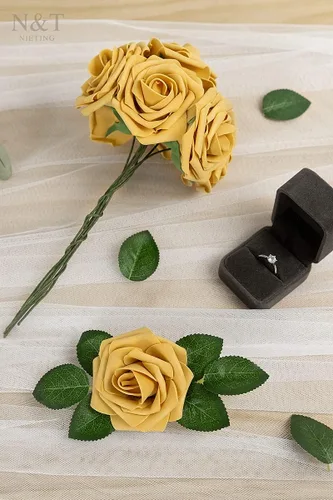 Miniatura 310 de N&T NIETING Flores artificiales, rosas artificiales de color rosa intenso, 50 piezas de flores falsas con tallo para ramos de boda DIY, centros