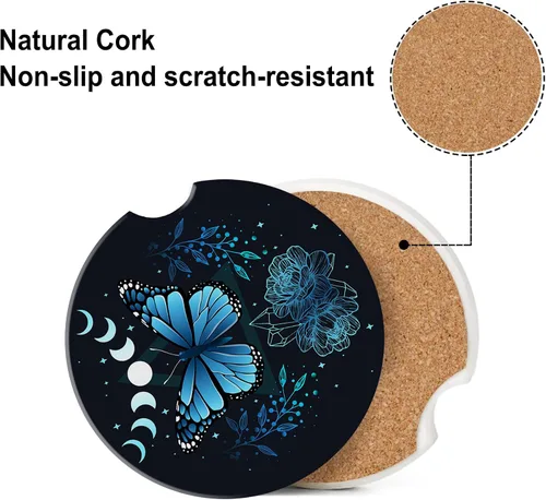 Miniatura 4 de Posavasos para Taza de Automóvil Mariposa Signo Místico Abstracto Azul Posavasos de Automóvil para Portavasos Universal Antideslizante Cerámica