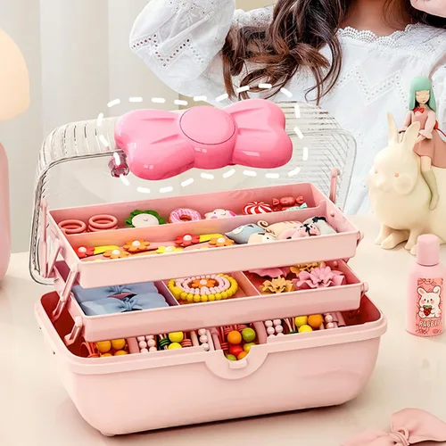 Miniatura 3 de Caja organizadora de accesorios para el cabello, caja de almacenamiento portátil de 3 capas, caja de herramientas de plástico multifuncional