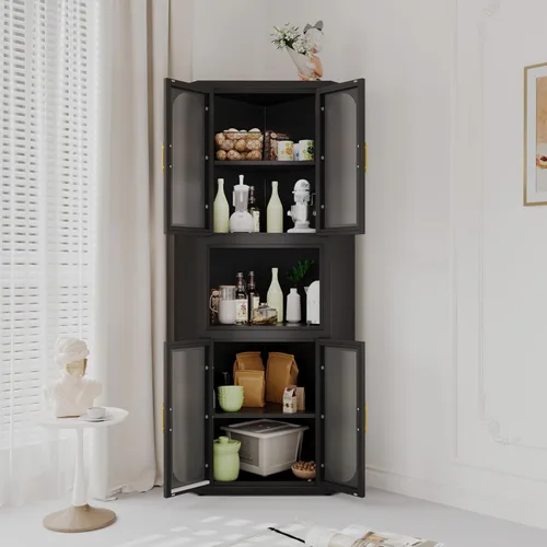 PAOFIN Armario esquinero de metal, organizador de almacenamiento lateral con gran espacio y estantes, muebles para el hogar para multifunción en