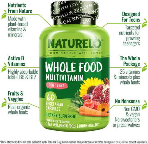 Miniatura 2 de NATURELO Multivitaminas para Adolescentes Niñas/Niños, 60 Cápsulas, Multivitamínico de Alimentos Integrales con Minerales, Sin OMG, Vegetariano
