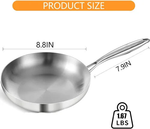 Miniatura 3 de DELARLO Sartén de acero inoxidable tricapa de 8 pulgadas de cuerpo entero, sartenes de chef aptas para horno y cocina de inducción, adecuadas