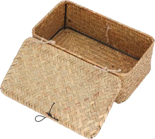 Miniatura 7 de Cesta de almacenamiento de hierba marina natural, cesta rectangular tejida de ratán natural con tapas, organizador de escritorio, cesta decorativa