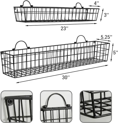 Miniatura 6 de MyGift Cestas de alambre de 2 piezas de 30 pulgadas para almacenamiento y organización, estantes de exhibición de metal montados en la pared negros
