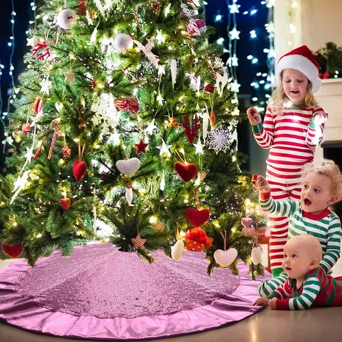 Miniatura 3 de Falda de árbol rosa para árbol de 7 pies, falda de árbol de Navidad de 48 pulgadas, falda de árbol de lentejuelas con purpurina de doble capa