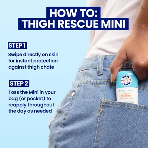 Miniatura 6 de Megababe Thigh Rescue Anti-Chafe Stick Mini Tamaño para viajes, ideal para llevar contigo Previene el roce y la irritación de la piel Para