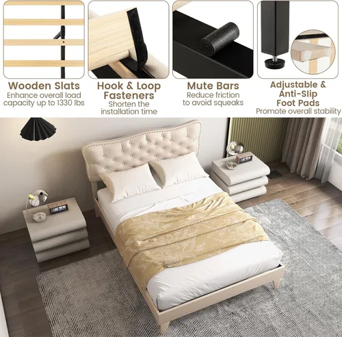 Miniatura 8 de Giantex Base de cama tamaño matrimonial color beige, plataforma tapizada de tela de lino con cabecera de clavos, base de colchón con botones