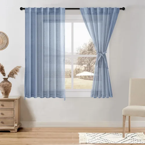 Miniatura 45 de DWCN Cortinas traslúcidas de lino floral, bolsillo para barra y pestaña trasera, cortina de mezcla de lino para dormitorio, sala de estar, cortinas