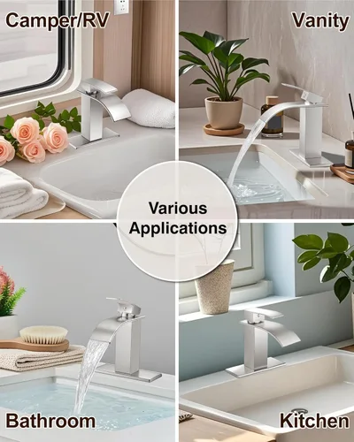 Miniatura 8 de Midanya - Grifo de baño con boquilla tipo cascada, de un agujero o tres agujeros para montaje en cubierta, grifo de lavabo de acero inoxidable 304