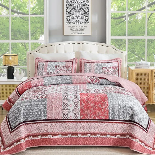 Miniatura 10 de WONGS BEDDING Juego de edredón bohemio tamaño matrimonial, juego de colcha de retazos beige de 3 piezas, juego de ropa de cama de microfibra suave