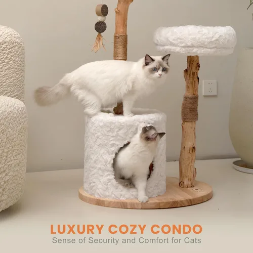 Miniatura 5 de PEGIC - Torre para gatos de ramas naturales de 44 pulgadas, árbol alto de varios niveles para gatos Plataformas cortas de felpa, nido de mimbre