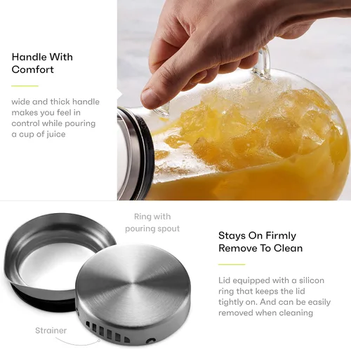 Miniatura 4 de Jarra de vidrio de 84 onzas con tapa de acero inoxidable Hermosa jarra ligera para bebidas con un mango ancho Ideal para bebidas frías