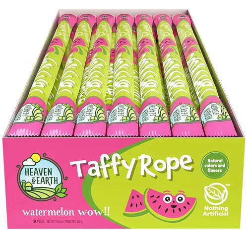 Heaven & Earth Watermelon Wow Taffy Rope 19.5oz (paquete de 24) | Fabricado con colores y sabores naturales, sin jarabe de maíz de alta fructosa,