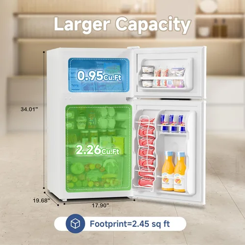 Miniatura 2 de BANGSON - Mini refrigerador con congelador, refrigerador pequeño de 2 puertas con congelador, mini refrigerador para dormitorio, 3.2 pies cúbicos
