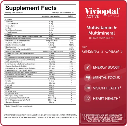 Miniatura 6 de Vivioptal Active, 90 cápsulas blandas, ginseng y omega 3, multivitamínico y multimineral, sin gluten, fórmula alemana