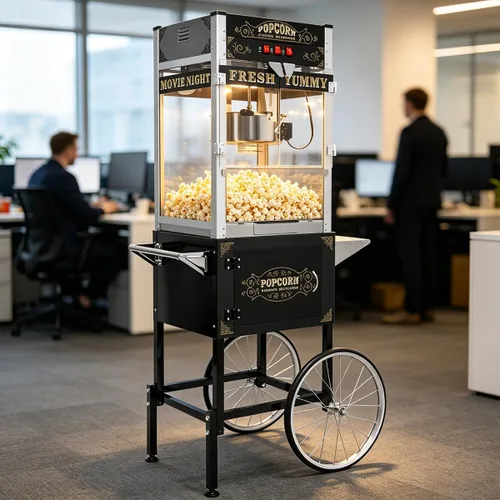 Miniatura 20 de Máquina comercial de palomitas de maíz con carrito y ruedas, máquina para hacer palomitas de maíz con hervidor de acero inoxidable de 24 onzas, Rojo