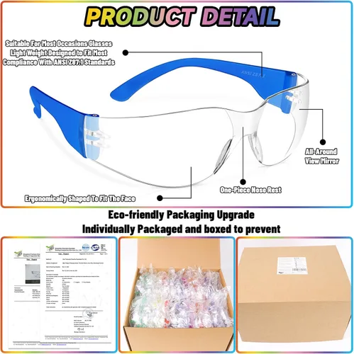 Miniatura 3 de 50 lentes de seguridad unisex a granel de 8 colores transparentes con ANSI Z87.1, resistentes a impactos y arañazos, lentes de sol de seguridad