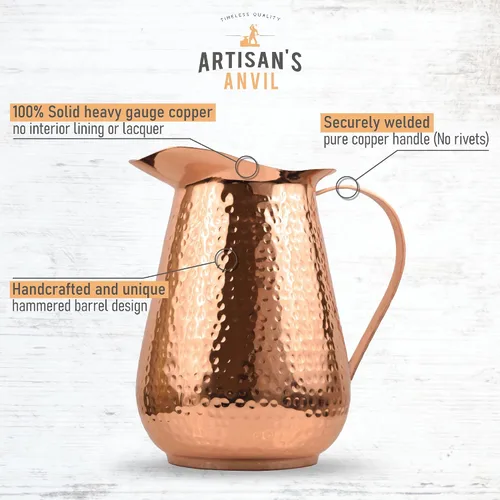 Miniatura 2 de Jarra de cobre martillado Artisan's Anvil con asa, 100% cobre, resistente, hecha a mano, 70 fl. Oz., mejor para agua, Ayurveda, Moscow Mules