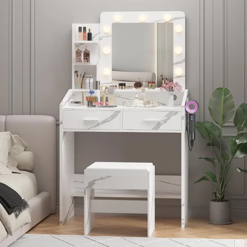 Miniatura 7 de Patikuin Escritorio de tocador con espejo y luces para dormitorio, mesa de maquillaje moderna de mármol blanco con 2 cajones, 3 modos de luz y LED