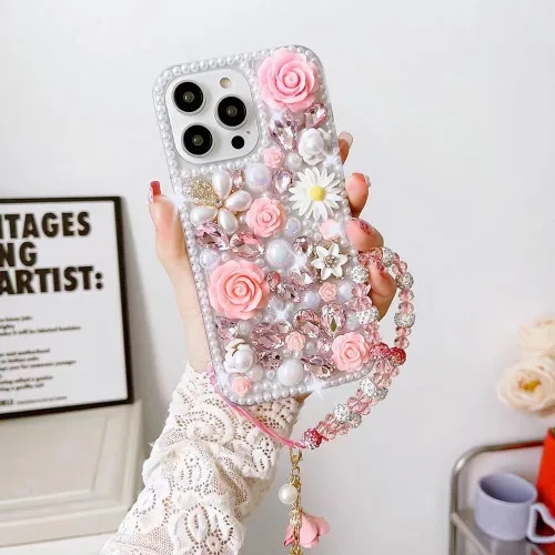 Miniatura 10 de para iPhone Xs/X Funda Bling, Funda de Lujo con Flores de Rincón de Cristal con Purpurina de Diamante y Perla para Mujeres, Niñas y Niños con Cordón