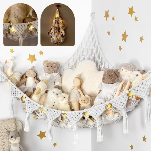 Miniatura 7 de TIDYTEDS Macramé DreamLights Hamaca de Red de Almacenamiento de Animales de Peluche Boho Extra Grande Soporte de Almacenamiento de Juguetes de Azul