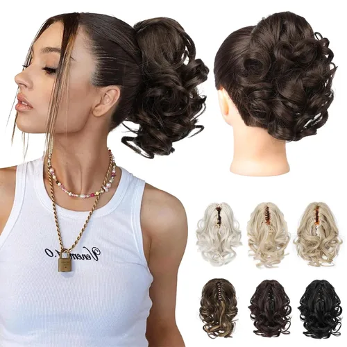 Miniatura 20 de REECHO Extensión de cola de caballo, pinza de cola de caballo rizada y ondulada de 9 pulgadas, extensiones de cabello HP001 para mujeres - Castaño
