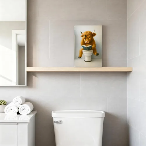 Miniatura 3 de Madewell Living Divertido letrero de metal de vaca de las montañas, arte de pared, decoración rústica de baño, fotos de vaca marrón para baño, baño