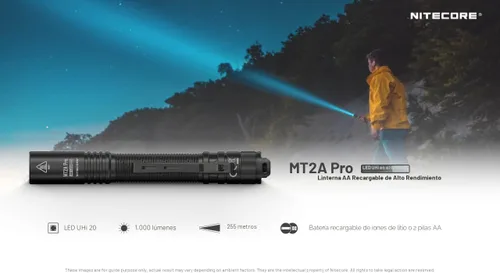 Miniatura 3 de Nitecore Linterna MT2A Pro EDC, 1000 lúmenes, haz de 279 yardas, recargable USB-C, compatibilidad de doble potencia, linterna delgada compacta e