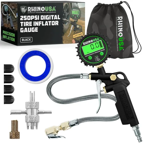 Miniatura 9 de Rhino USA Inflador de neumáticos con manómetro (0-100 PSI) – ANSI B40.1 preciso, esfera brillante grande de 2 pulgadas de fácil lectura, manguera