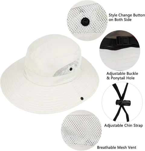 Miniatura 12 de Sombrero de sol de verano para mujer, cola de caballo – Protección UV de malla de ala ancha plegable con agujero para cola de caballo