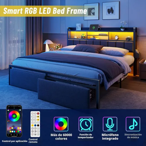 Miniatura 3 de Furnulem Base de cama King con cabecero de madera y cajones de almacenamiento, marcos de cama de plataforma de metal tamaño King con luces LED