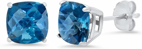 Amazon Collection Aretes de plata de ley 925 con piedra natal de corte cojín para mujer