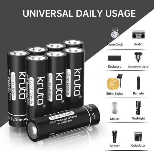Miniatura 5 de Ni-MH - Baterías recargables AA, paquete de 12 baterías solares AA recargables de 1.2 V 1300 mAh de alta capacidad precargadas doble A para luces