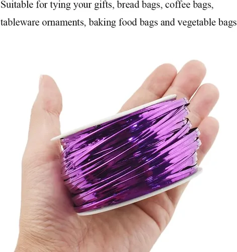 Miniatura 3 de HAHIYO 100 yardas/300 pies/91M Lazos de torsión de metal púrpura para pan, caramelo, café, bolsas de regalo, envoltorios de regalo, plástico, fiesta