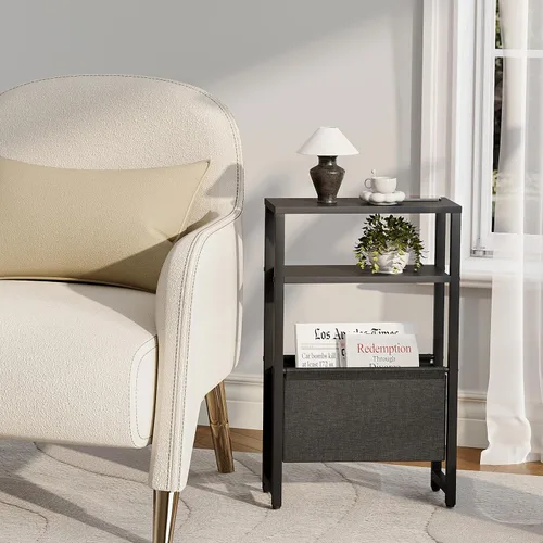 Miniatura 6 de Mesa Auxiliar Estrecha, Mesa Lateral Delgada con Revistero, Mesita de Noche para Espacios Pequeños, Mesa de 3 Niveles para Sofá y Sillón, Mesita