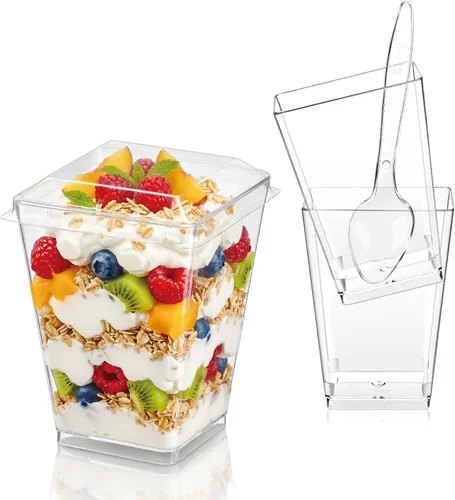 Miniatura 7 de Hiasobre Paquete de 100 vasos de plástico de 5 onzas para postre con tapas y cucharas, tazas reutilizables de parfait transparente, vasos cuadrados