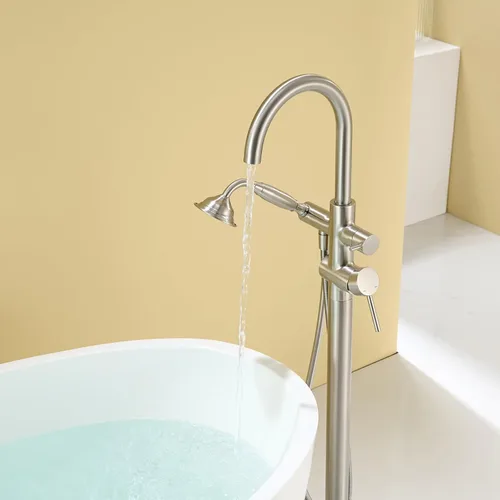 Miniatura 8 de Wowkk Llave de tina independiente Llave de tina de níquel cepillado montado en el piso Llaves de tina de latón para baño con ducha de mano