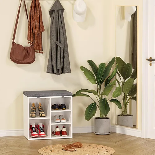 Miniatura 14 de GAOMON Banco de almacenamiento de zapatos de entrada con 10 cubículos, zapatero con cojín, estante ajustable de 3 niveles para entrada, sala