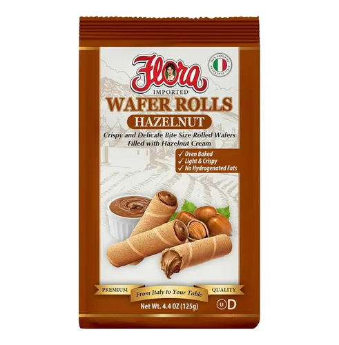 Flora Wafer Rolls Avellana - Obleas italianas enrolladas con crema de avellanas - Bocadillo horneado ligero y crujiente al horno - 4.4 oz (125 g)