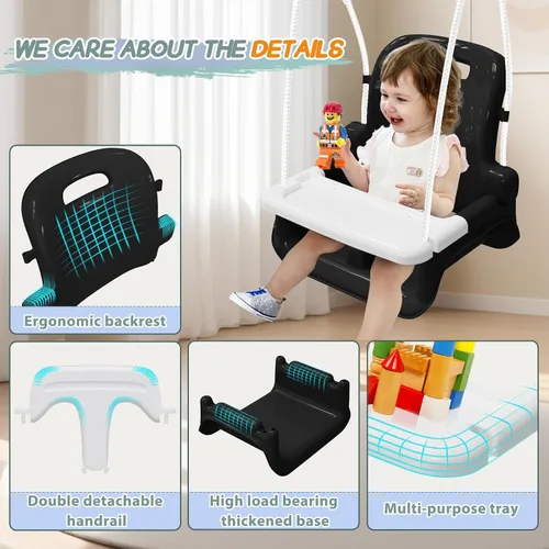 Miniatura 4 de Columpio mejorado para niños pequeños con bandeja, columpio para bebé al aire libre con diseño desmontable, cinturón de seguridad, marco plegable