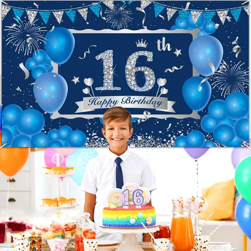 Miniatura 5 de Decoraciones de feliz cumpleaños número 16, pancarta azul y plateada y suministros de fiesta para uso en exteriores e interiores, 72.8 x 43.3